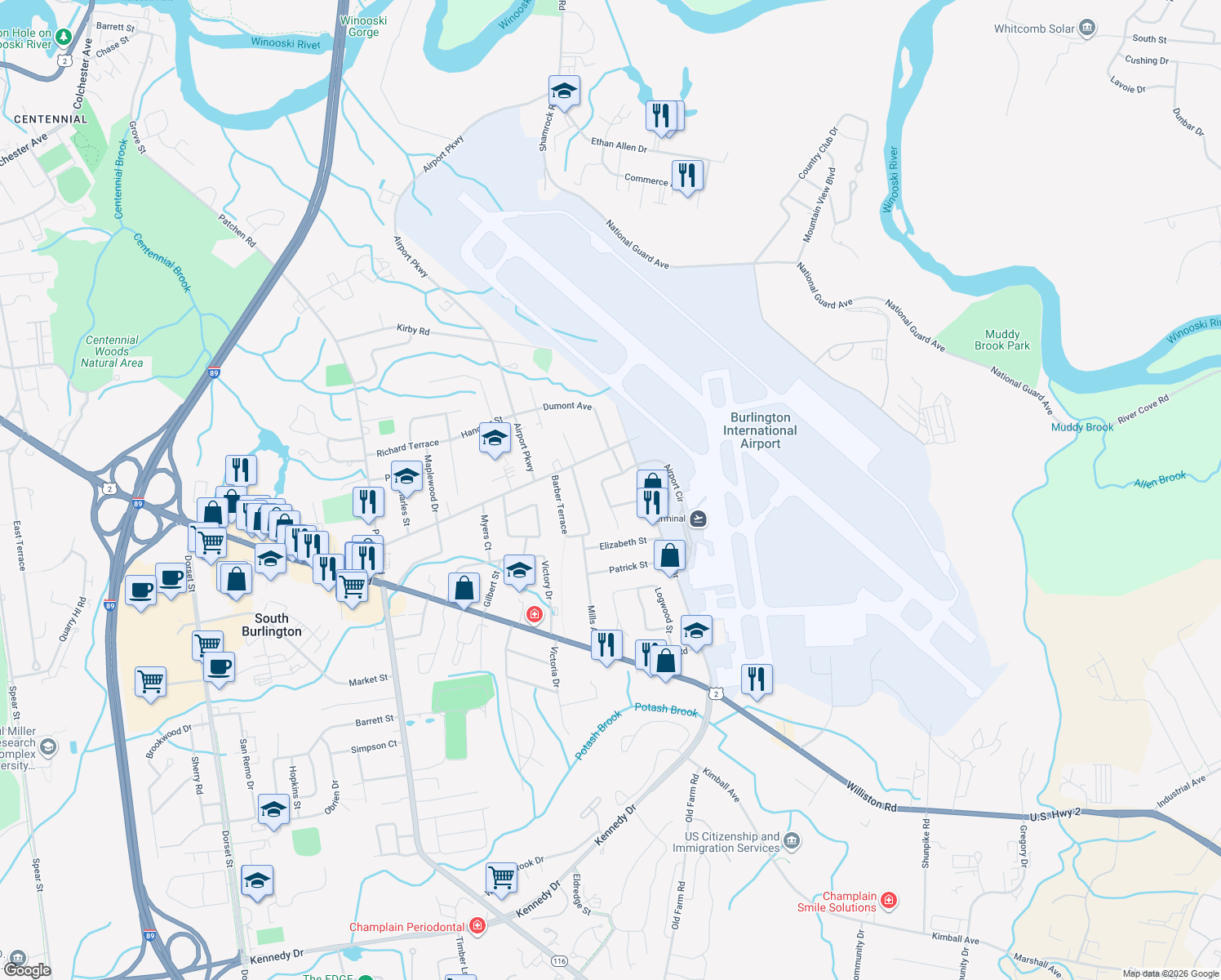 map of restaurants, bars, coffee shops, grocery stores, and more near 17 Maryland St in South Burlington
