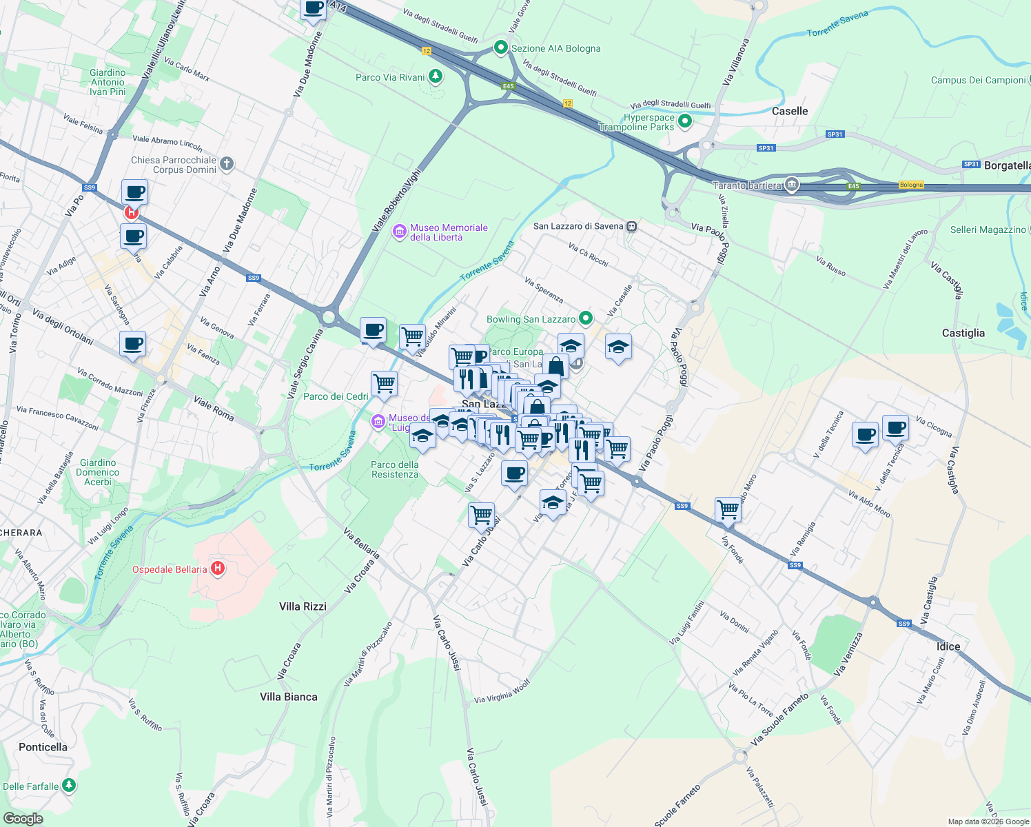 map of restaurants, bars, coffee shops, grocery stores, and more near 999 Via Primo Levi in San Lazzaro di Savena