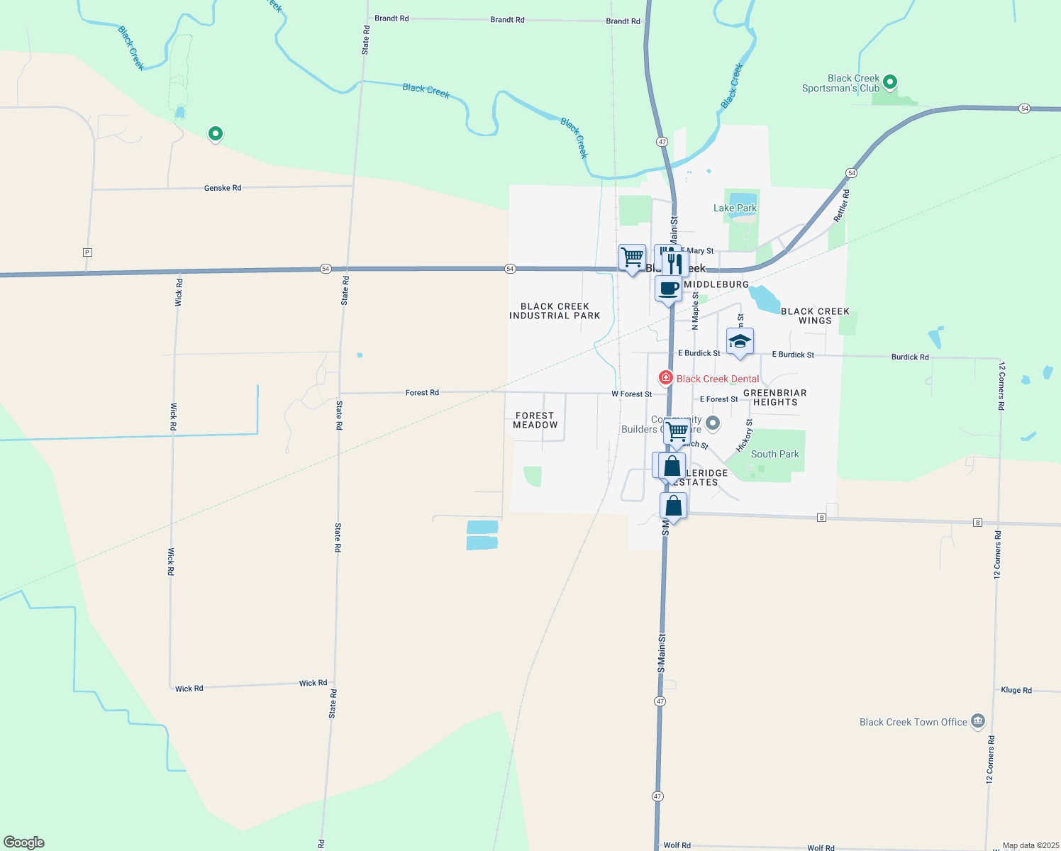map of restaurants, bars, coffee shops, grocery stores, and more near 602 Country Breeze Lane in Black Creek