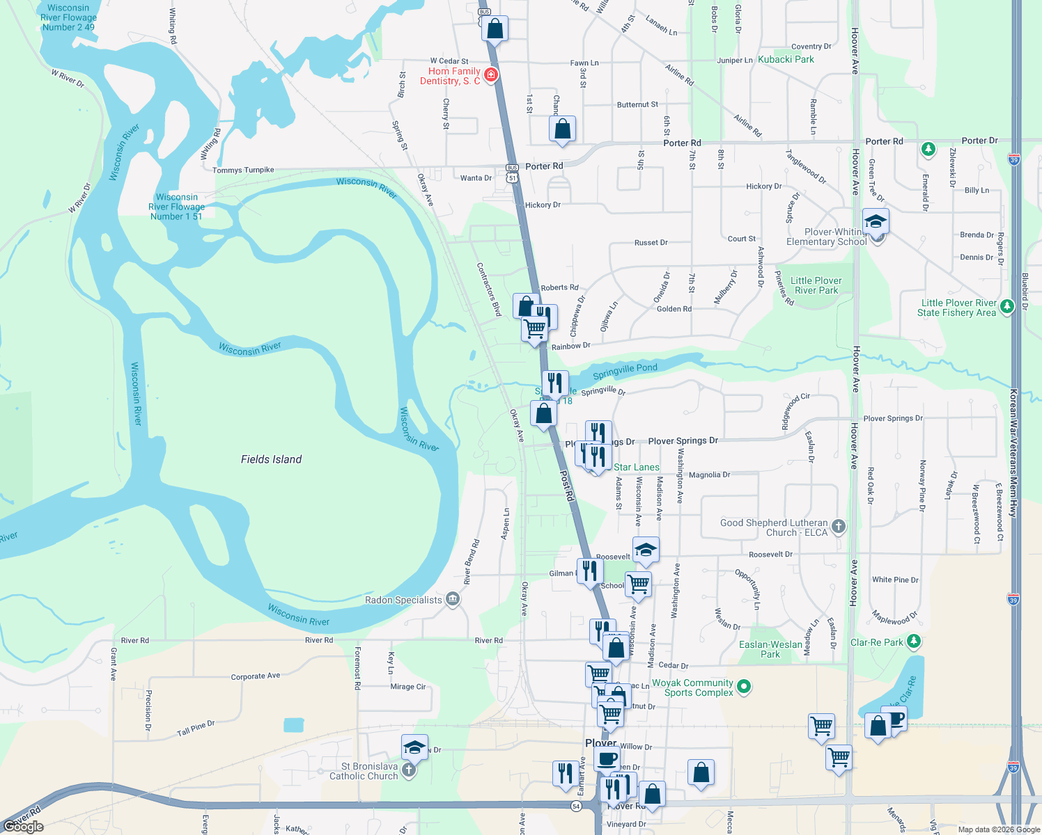 map of restaurants, bars, coffee shops, grocery stores, and more near 3021 Springville Drive in Plover