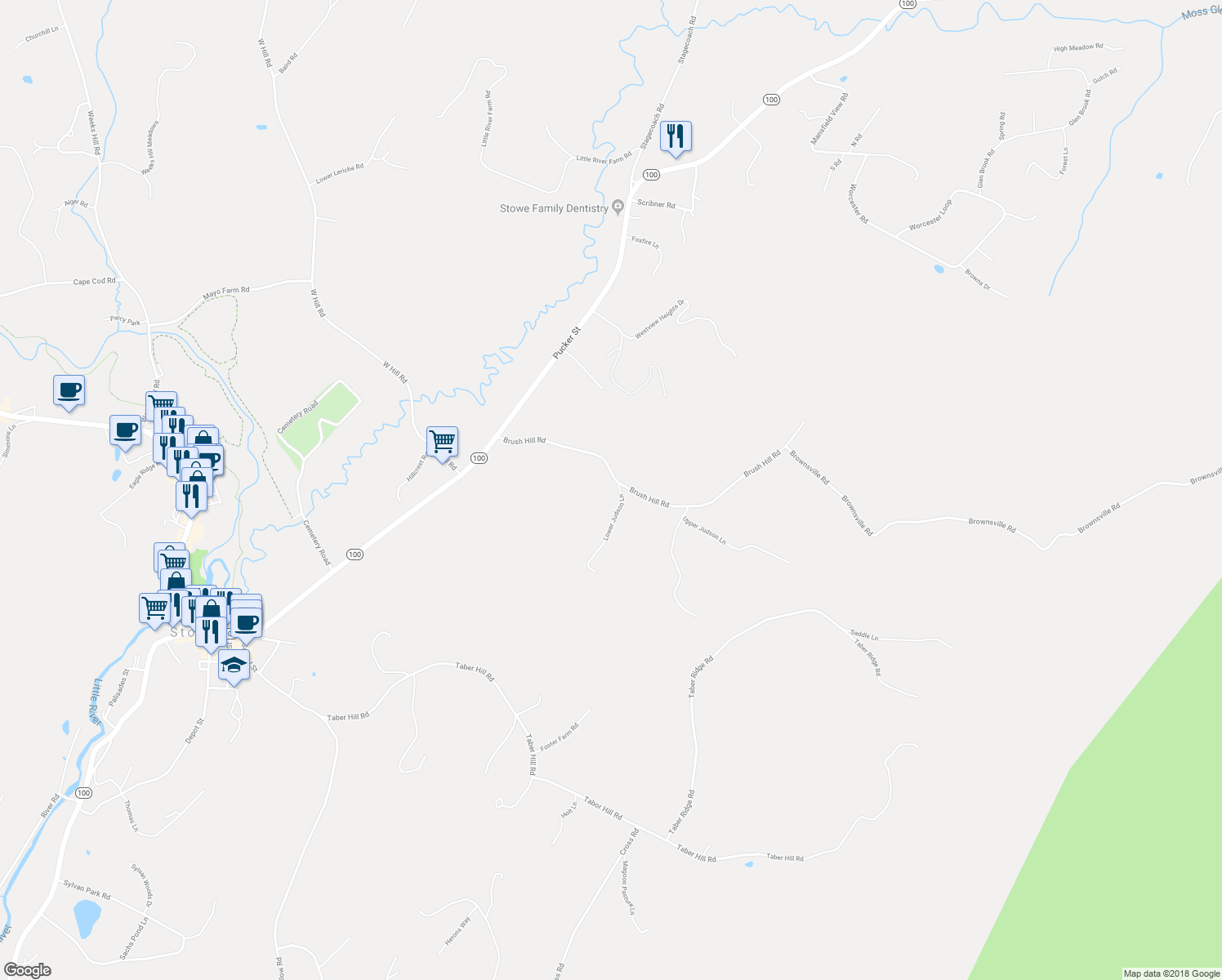 map of restaurants, bars, coffee shops, grocery stores, and more near 368 Brush Hill Rd in Stowe
