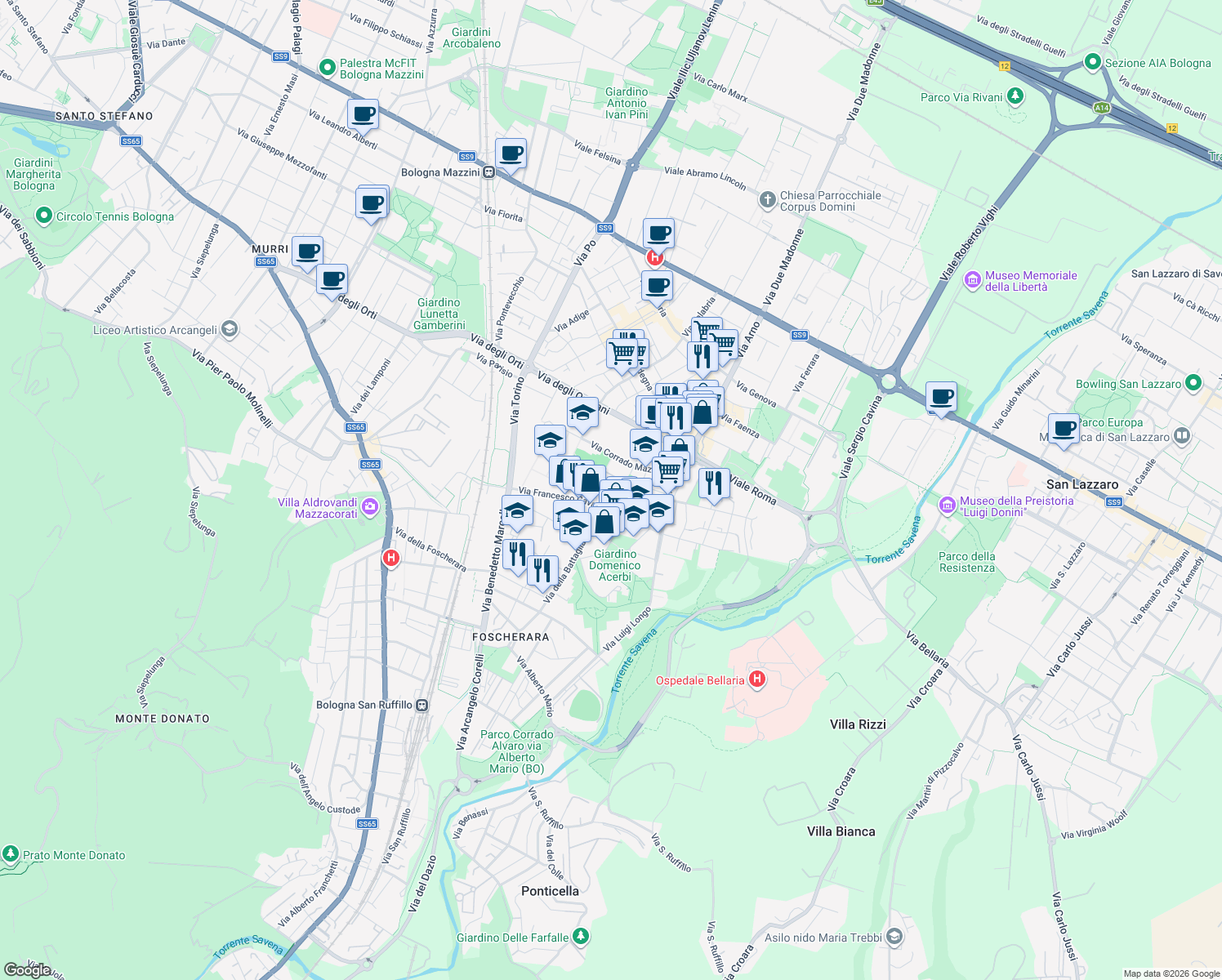 map of restaurants, bars, coffee shops, grocery stores, and more near 20 Via Sesto San Giovanni in Bologna