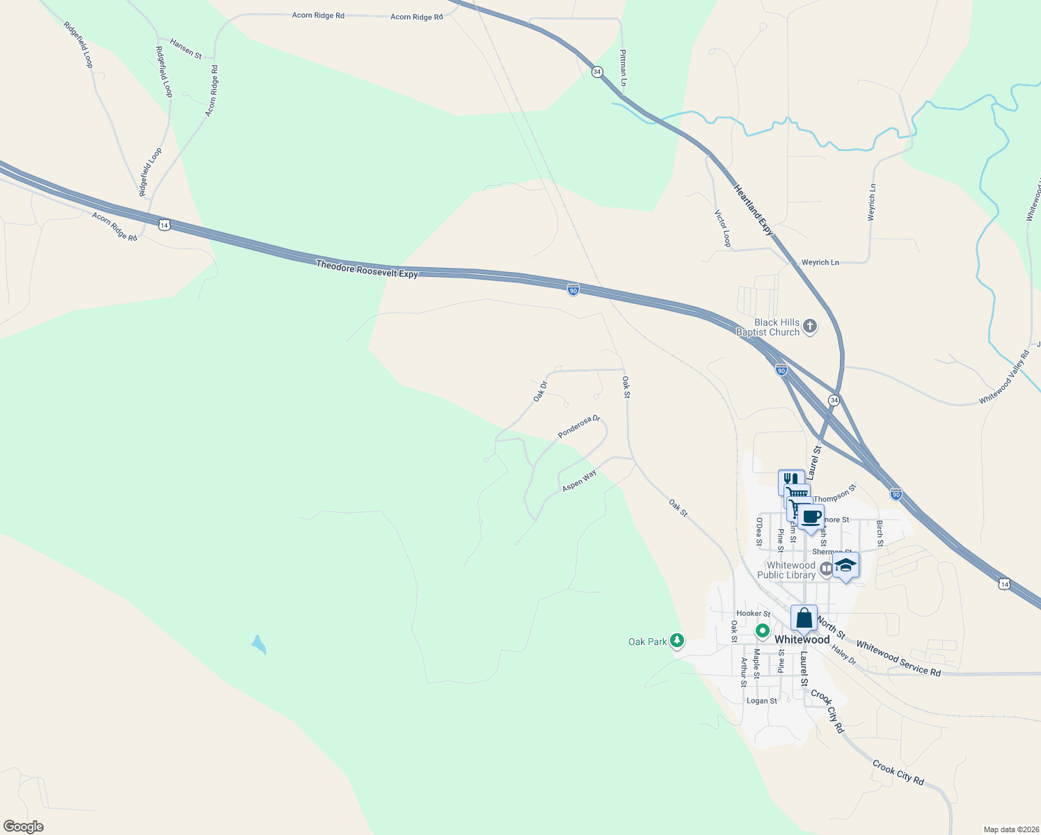 map of restaurants, bars, coffee shops, grocery stores, and more near Oak Drive in Whitewood