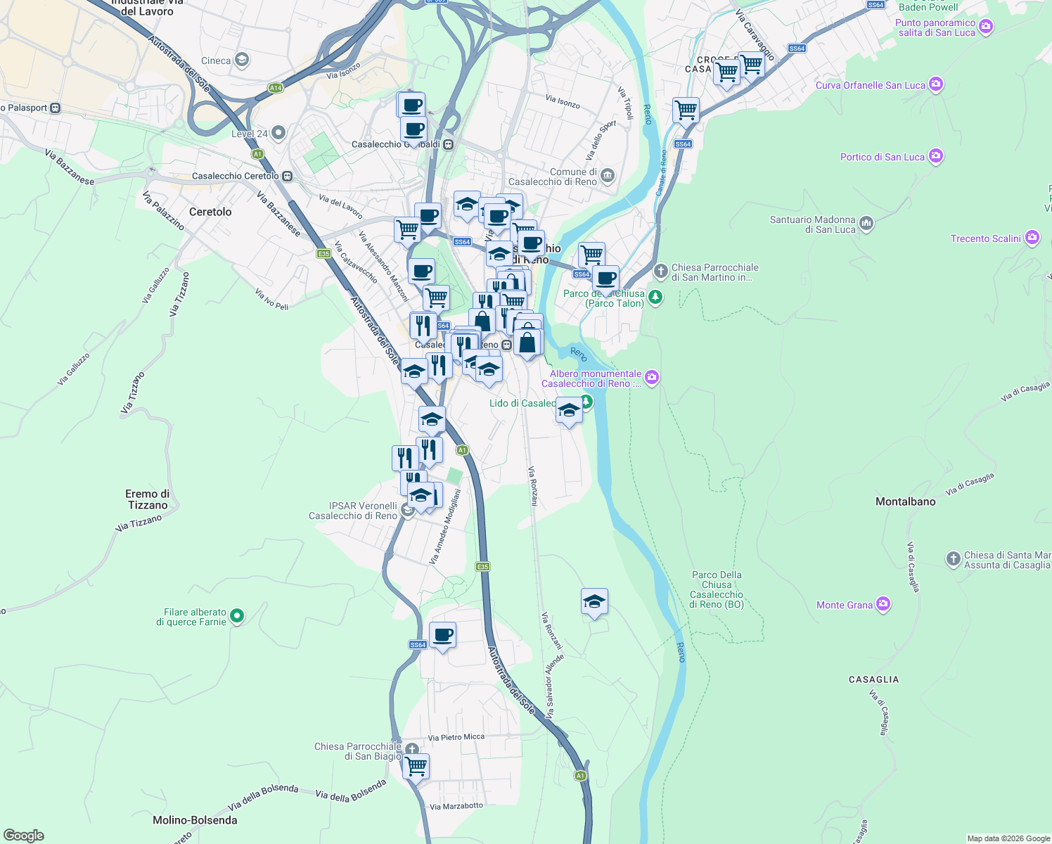 map of restaurants, bars, coffee shops, grocery stores, and more near 27 Via Camillo Ronzani in Casalecchio di Reno