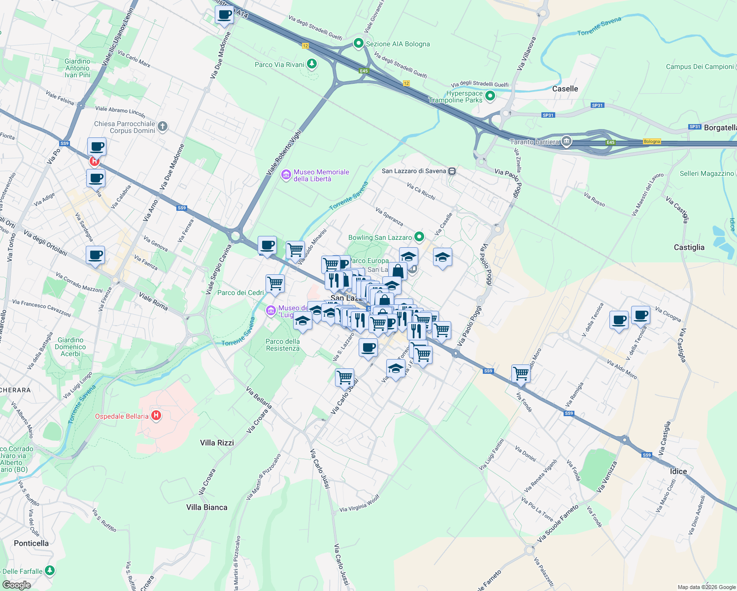 map of restaurants, bars, coffee shops, grocery stores, and more near 999 Via Primo Levi in San Lazzaro