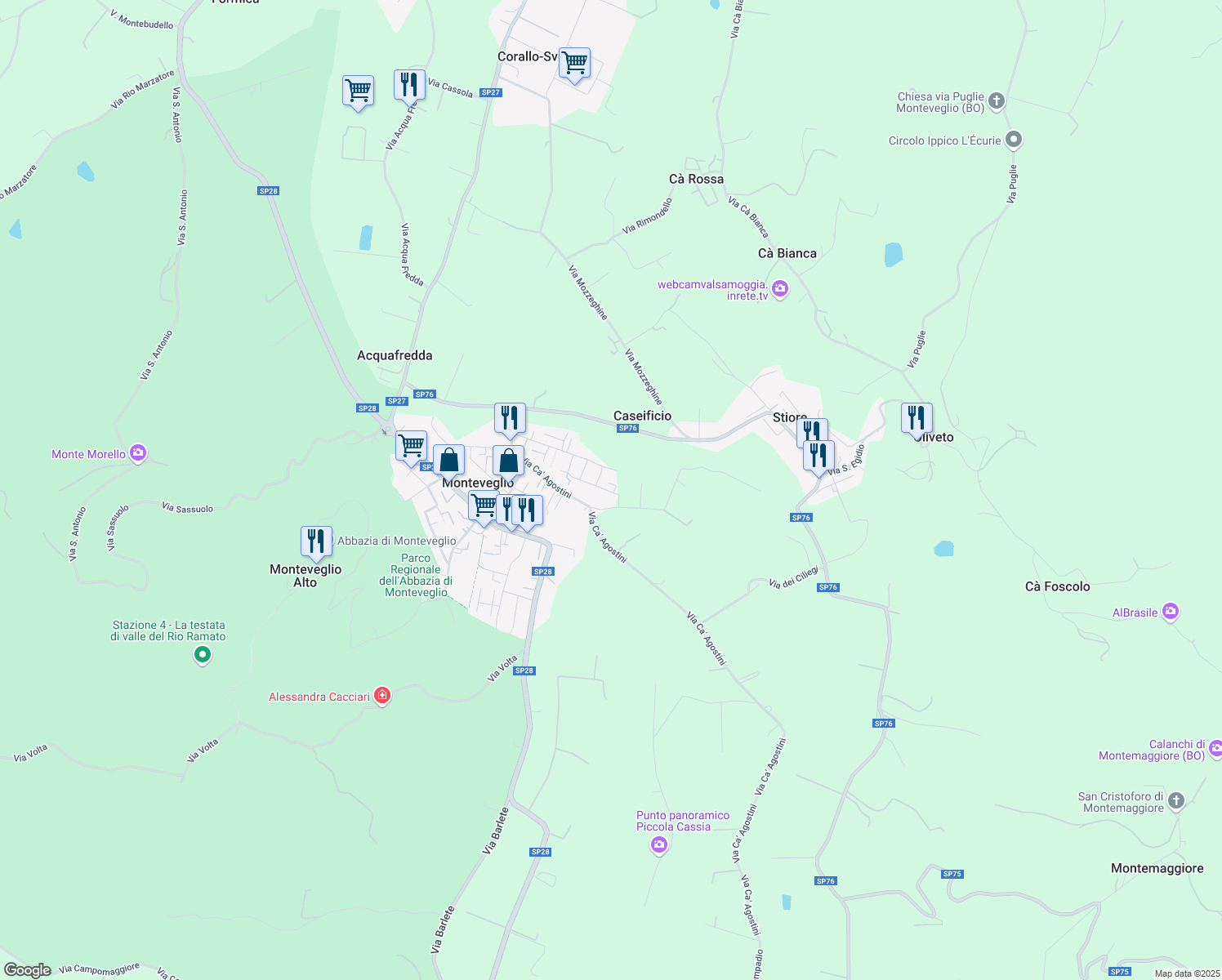 map of restaurants, bars, coffee shops, grocery stores, and more near 57 Via dalla Chiesa Carlo Alberto in Monteveglio