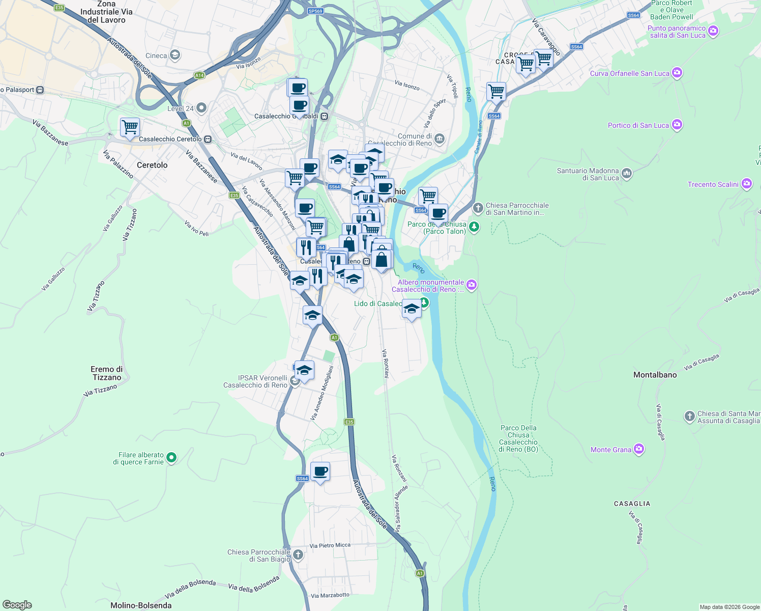 map of restaurants, bars, coffee shops, grocery stores, and more near 27 Via Camillo Ronzani in Casalecchio di Reno