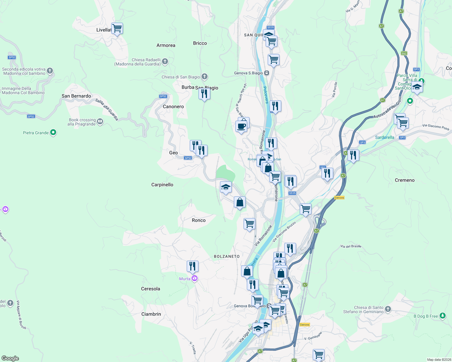 map of restaurants, bars, coffee shops, grocery stores, and more near in Genova