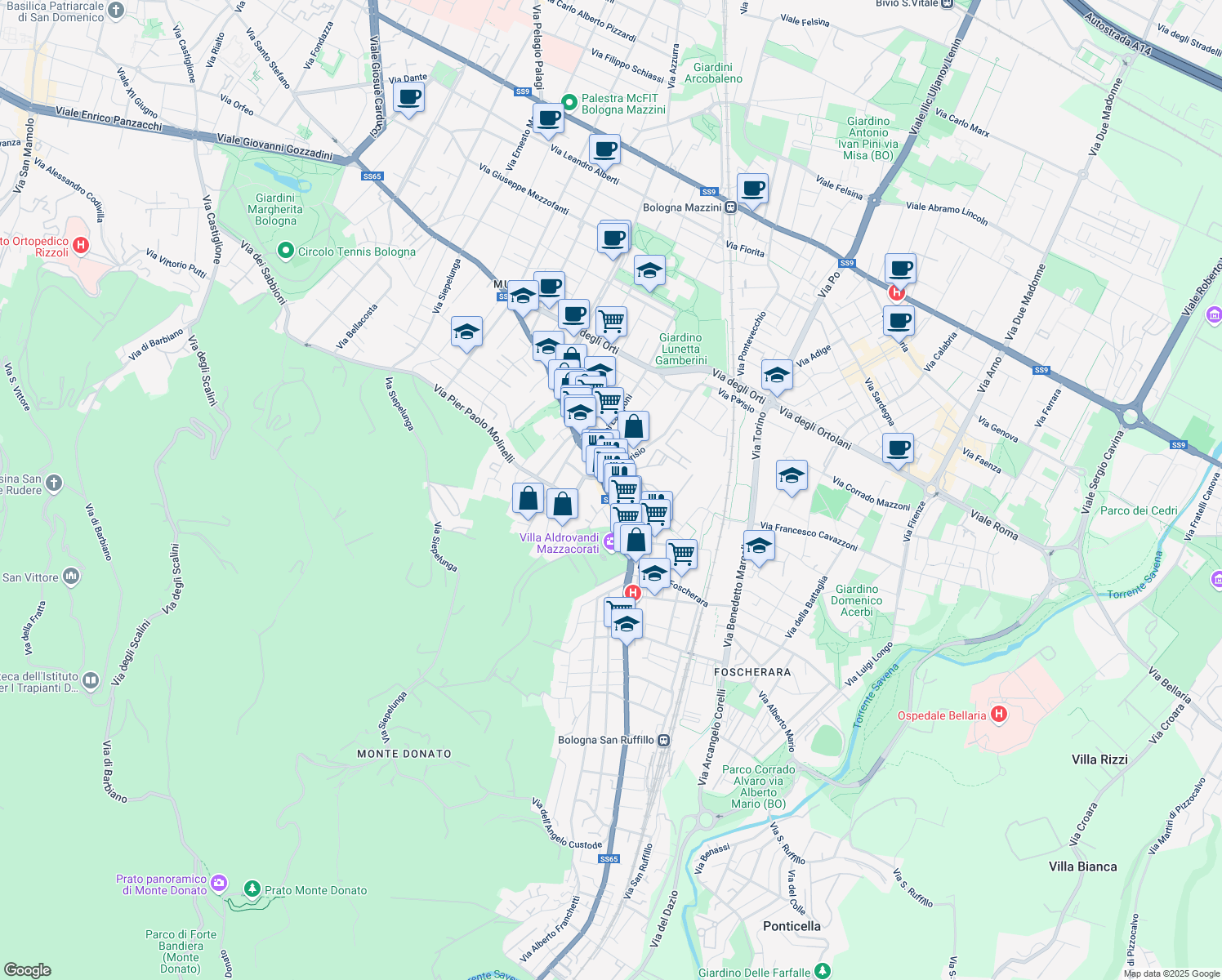 map of restaurants, bars, coffee shops, grocery stores, and more near 2 Via Toscana in Bologna