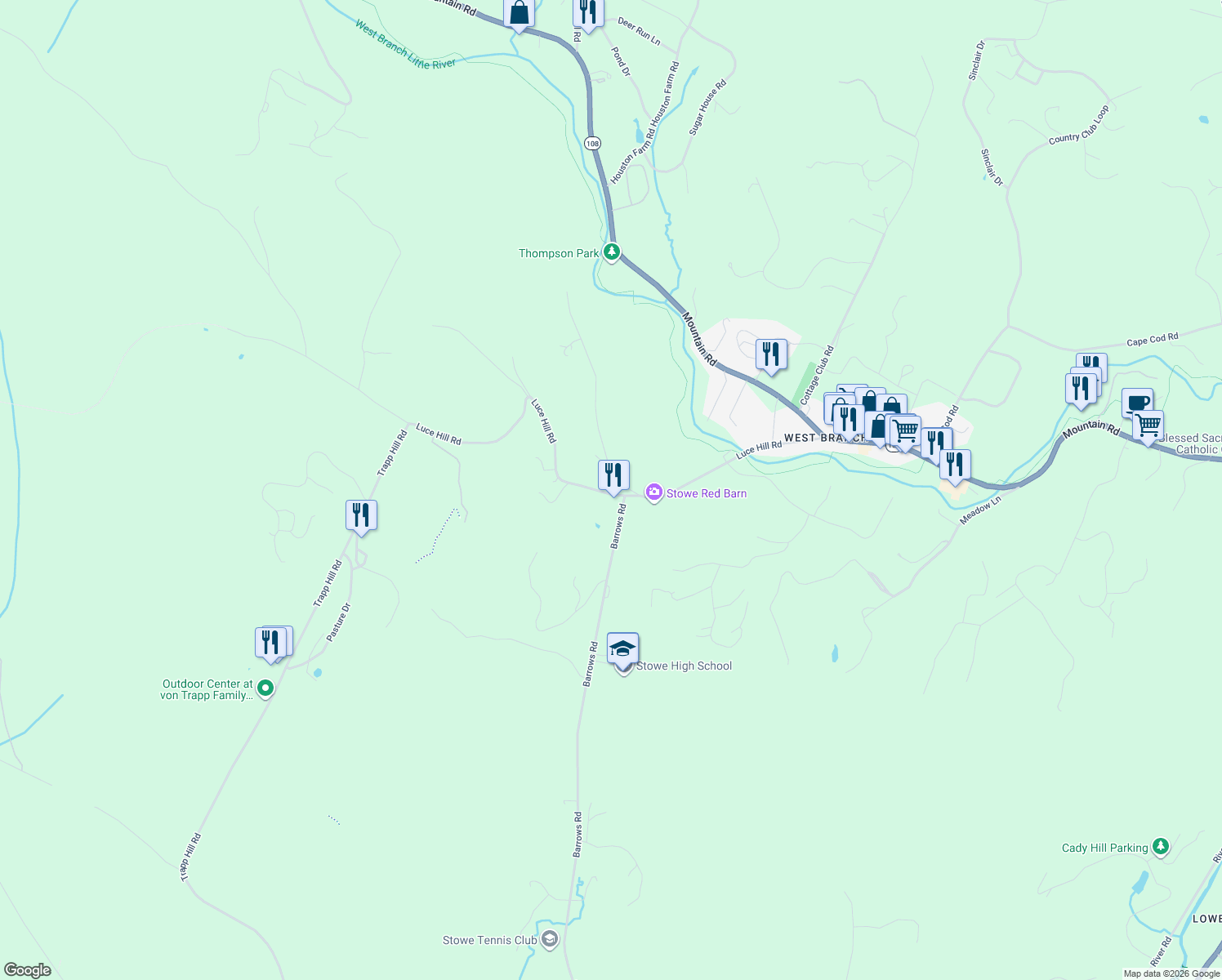 map of restaurants, bars, coffee shops, grocery stores, and more near 628 Luce Hill Road in Stowe