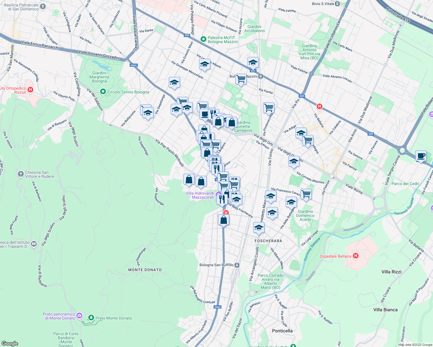 map of restaurants, bars, coffee shops, grocery stores, and more near 2 Via Toscana in Bologna