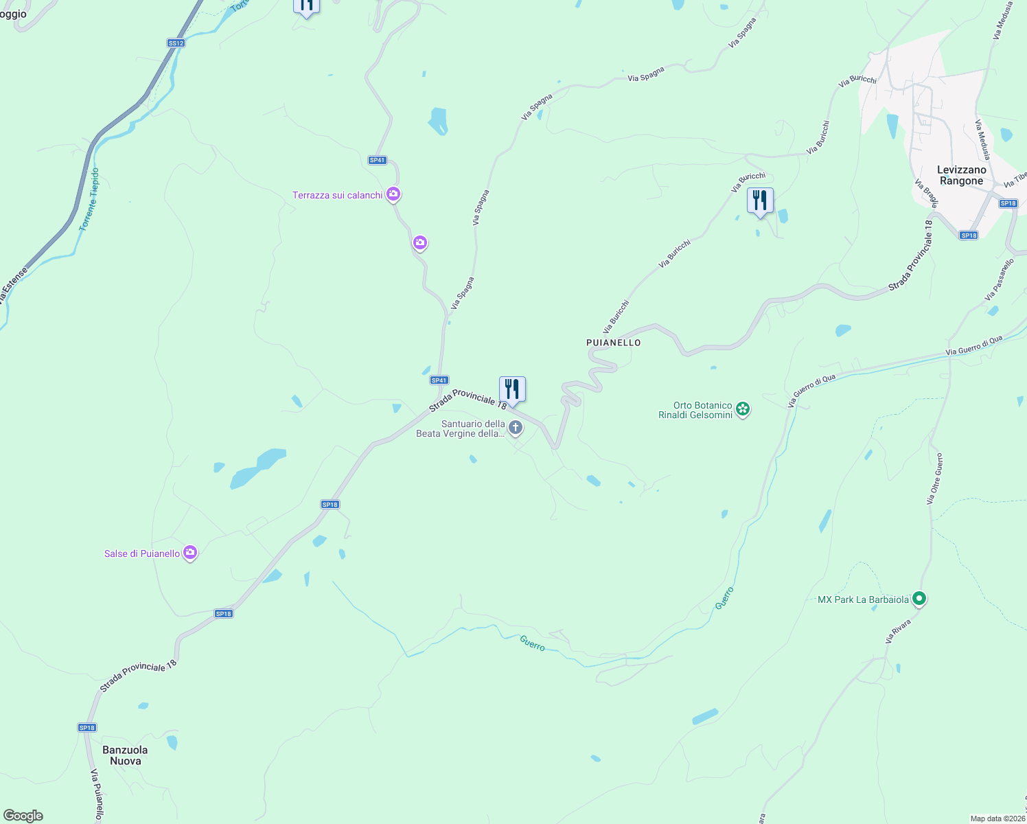 map of restaurants, bars, coffee shops, grocery stores, and more near 6B Via del Santuario in Madonna di Puianello