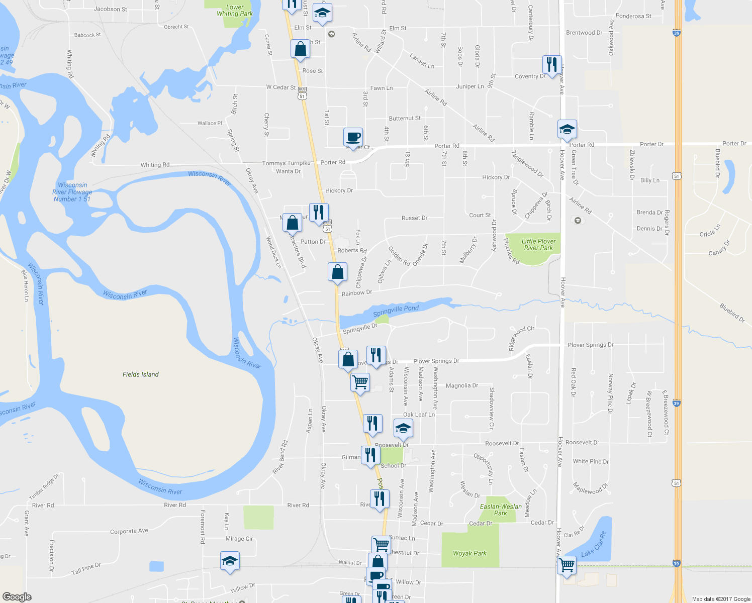 map of restaurants, bars, coffee shops, grocery stores, and more near 2801 Rainbow Drive in Plover