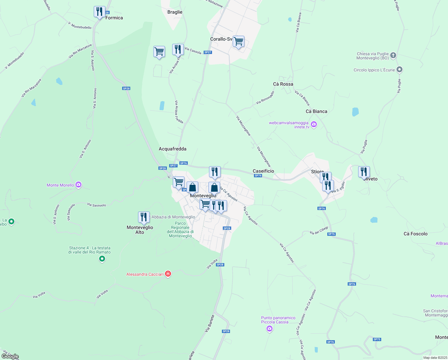 map of restaurants, bars, coffee shops, grocery stores, and more near 9 Via dalla Chiesa Carlo Alberto in Monteveglio