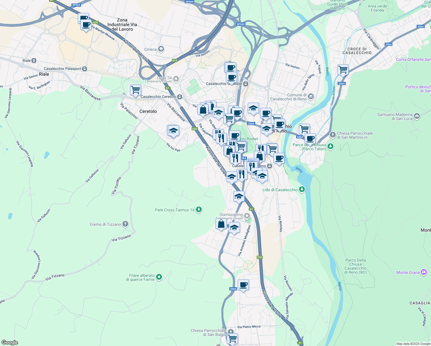 map of restaurants, bars, coffee shops, grocery stores, and more near 23 Via L. da Vinci in Casalecchio di Reno