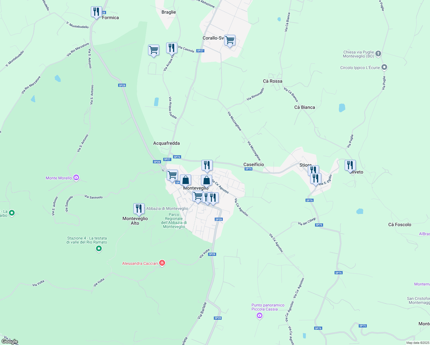 map of restaurants, bars, coffee shops, grocery stores, and more near 9 Via dalla Chiesa Carlo Alberto in Monteveglio