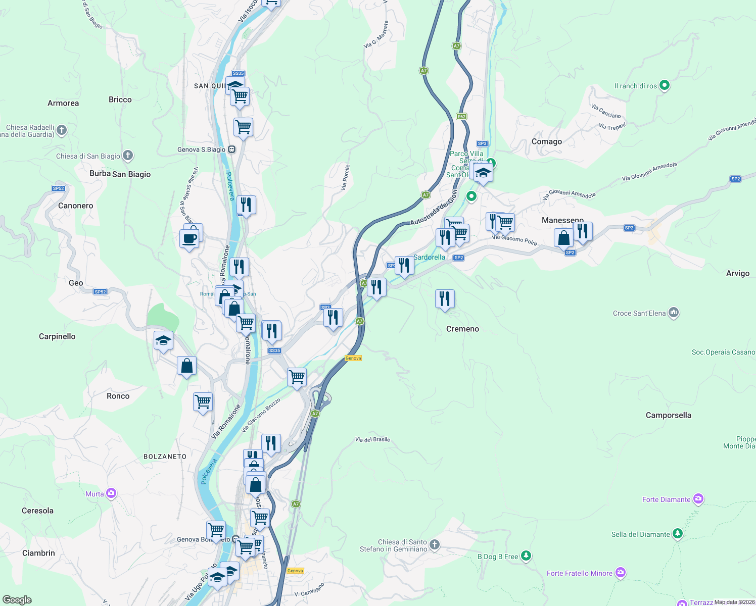 map of restaurants, bars, coffee shops, grocery stores, and more near in Genoa