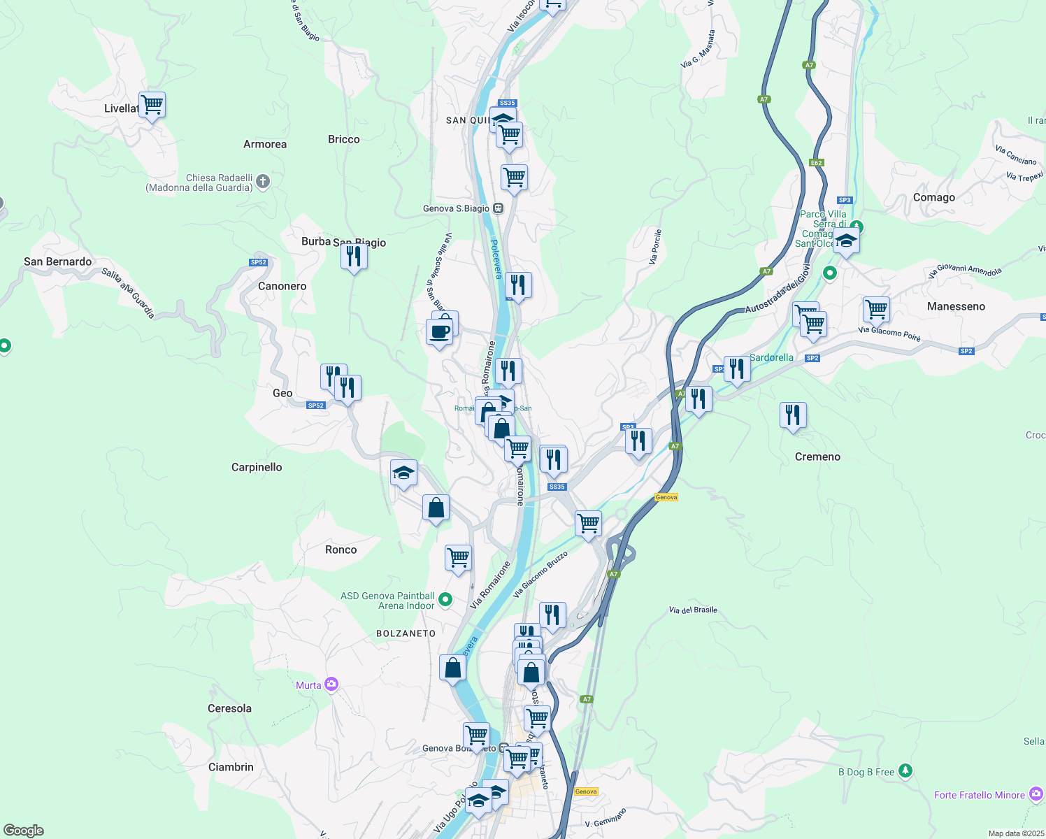 map of restaurants, bars, coffee shops, grocery stores, and more near 23 Via San Quirico in Genova