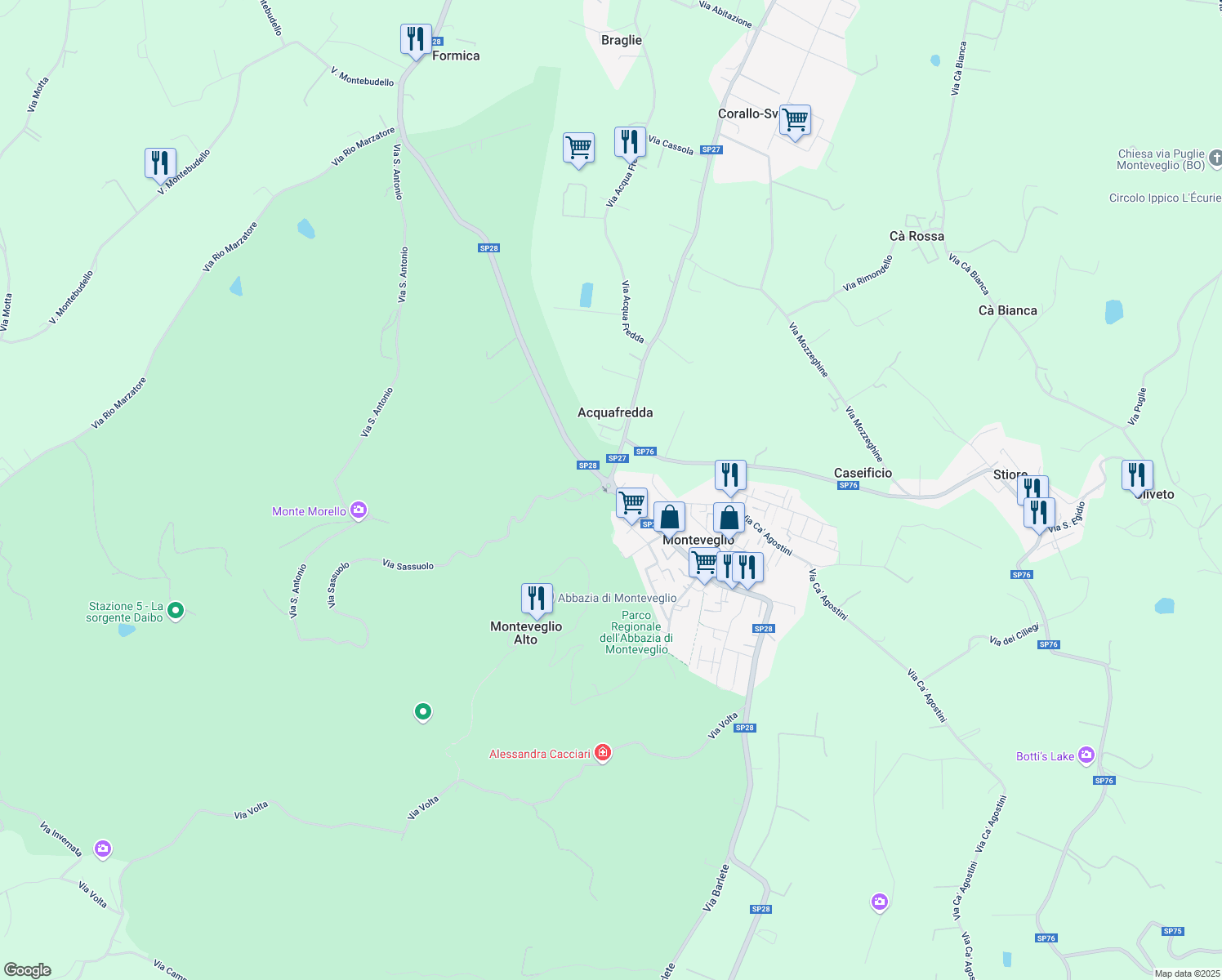map of restaurants, bars, coffee shops, grocery stores, and more near Strada Provinciale 28 in Città Metropolitana di Bologna
