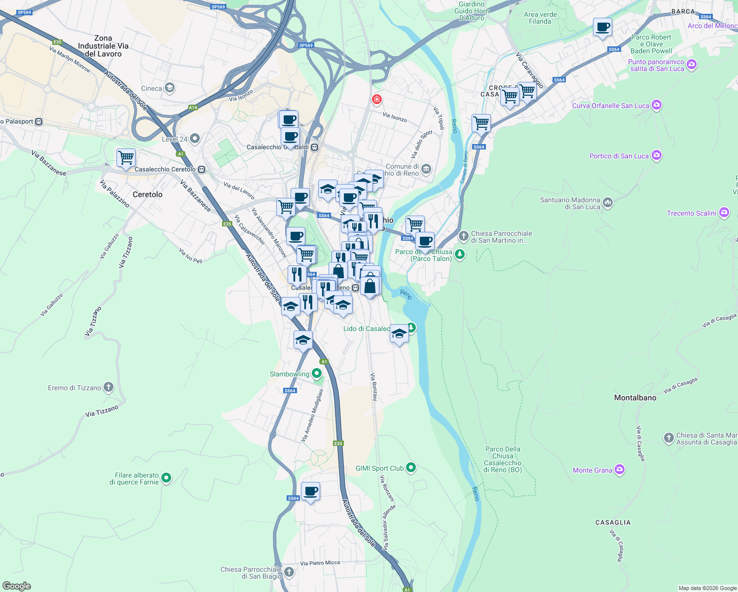 map of restaurants, bars, coffee shops, grocery stores, and more near 12 Via Camillo Ronzani in Casalecchio di Reno