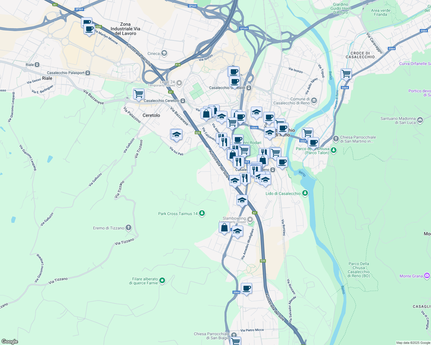 map of restaurants, bars, coffee shops, grocery stores, and more near 23 Via L. da Vinci in Casalecchio di Reno