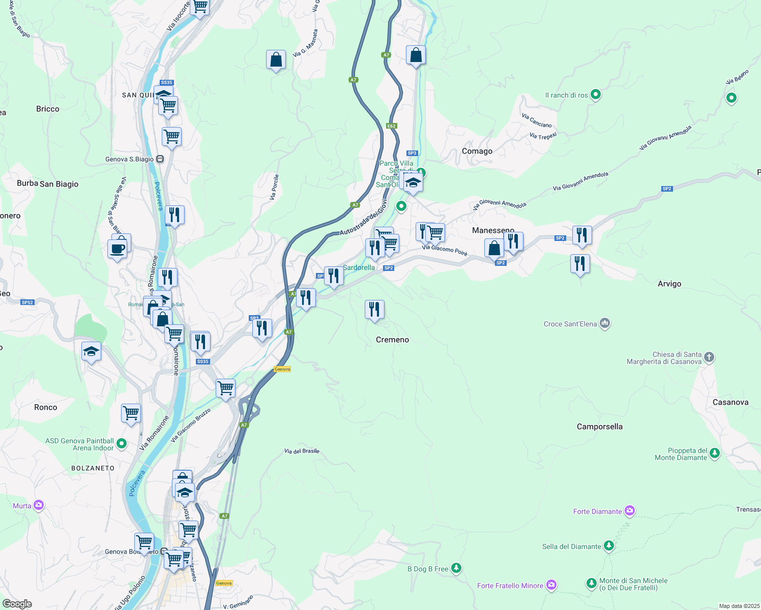 map of restaurants, bars, coffee shops, grocery stores, and more near in Città Metropolitana di Genova