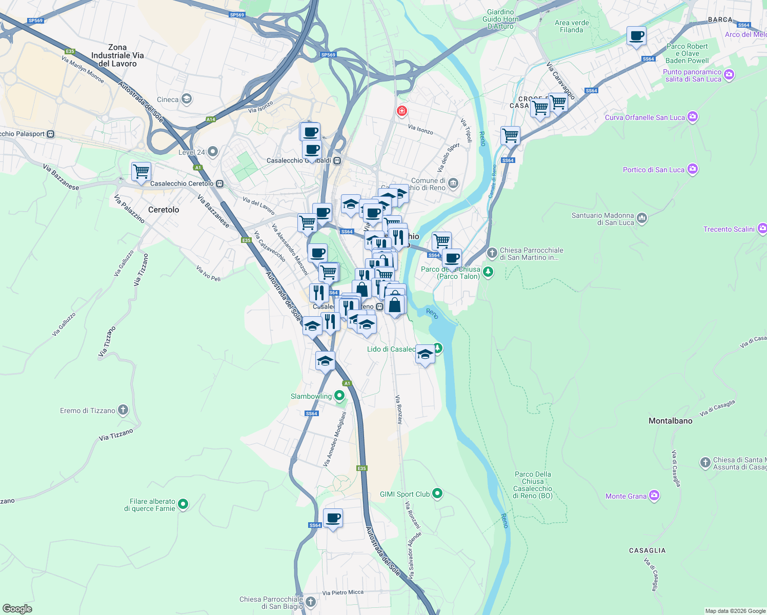 map of restaurants, bars, coffee shops, grocery stores, and more near 12 Via Camillo Ronzani in Casalecchio di Reno