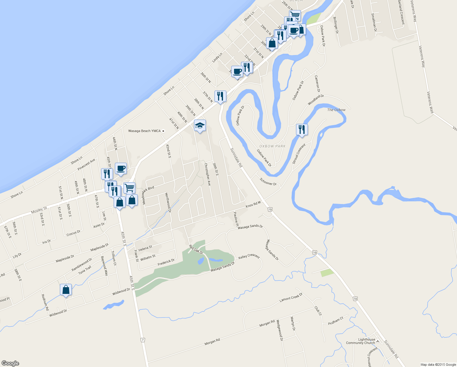 map of restaurants, bars, coffee shops, grocery stores, and more near 152 Melrose Avenue in Wasaga Beach