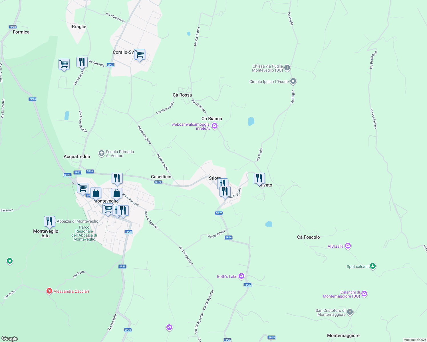 map of restaurants, bars, coffee shops, grocery stores, and more near 6 Via Marco Biagi in Stiore