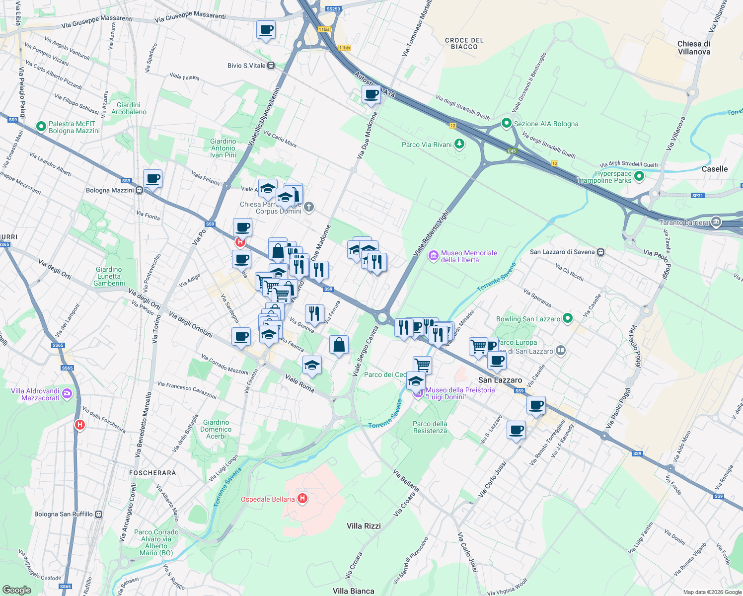 map of restaurants, bars, coffee shops, grocery stores, and more near 2 Piazza Grigoris Lambrakis in Bologna