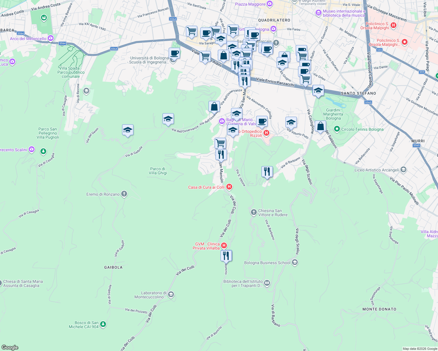 map of restaurants, bars, coffee shops, grocery stores, and more near 159 Via San Mamolo in Bologna