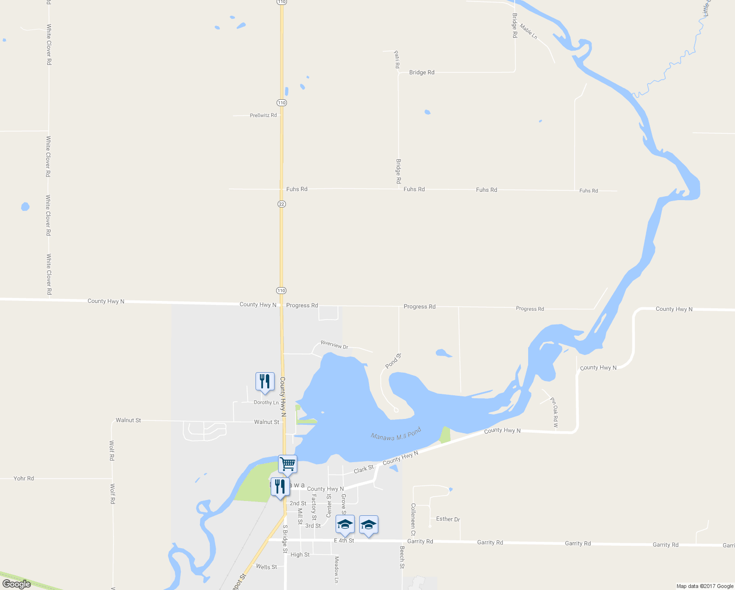 map of restaurants, bars, coffee shops, grocery stores, and more near E6252 Progress Road in Manawa