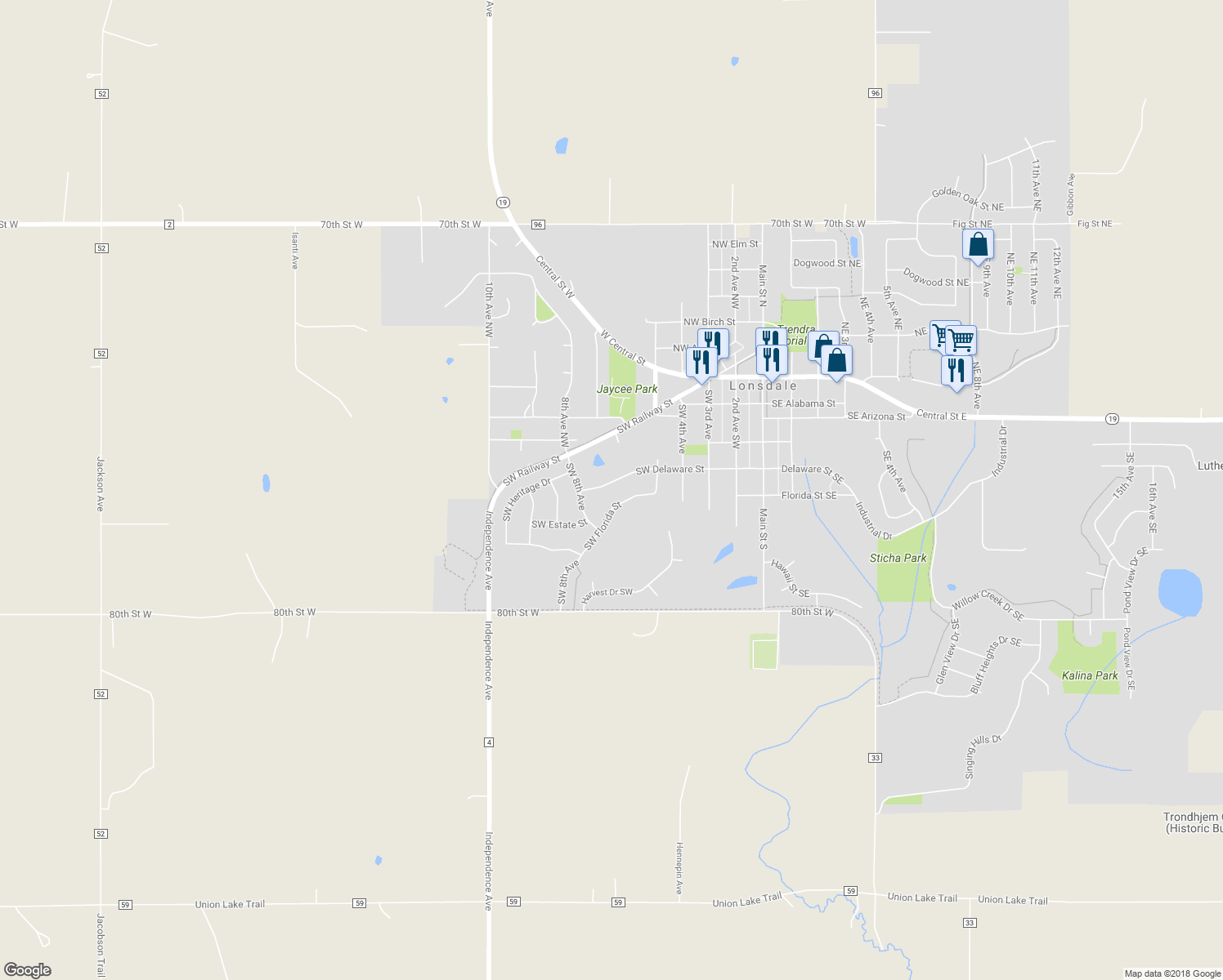 map of restaurants, bars, coffee shops, grocery stores, and more near 703 Southwest Delaware Street in Lonsdale