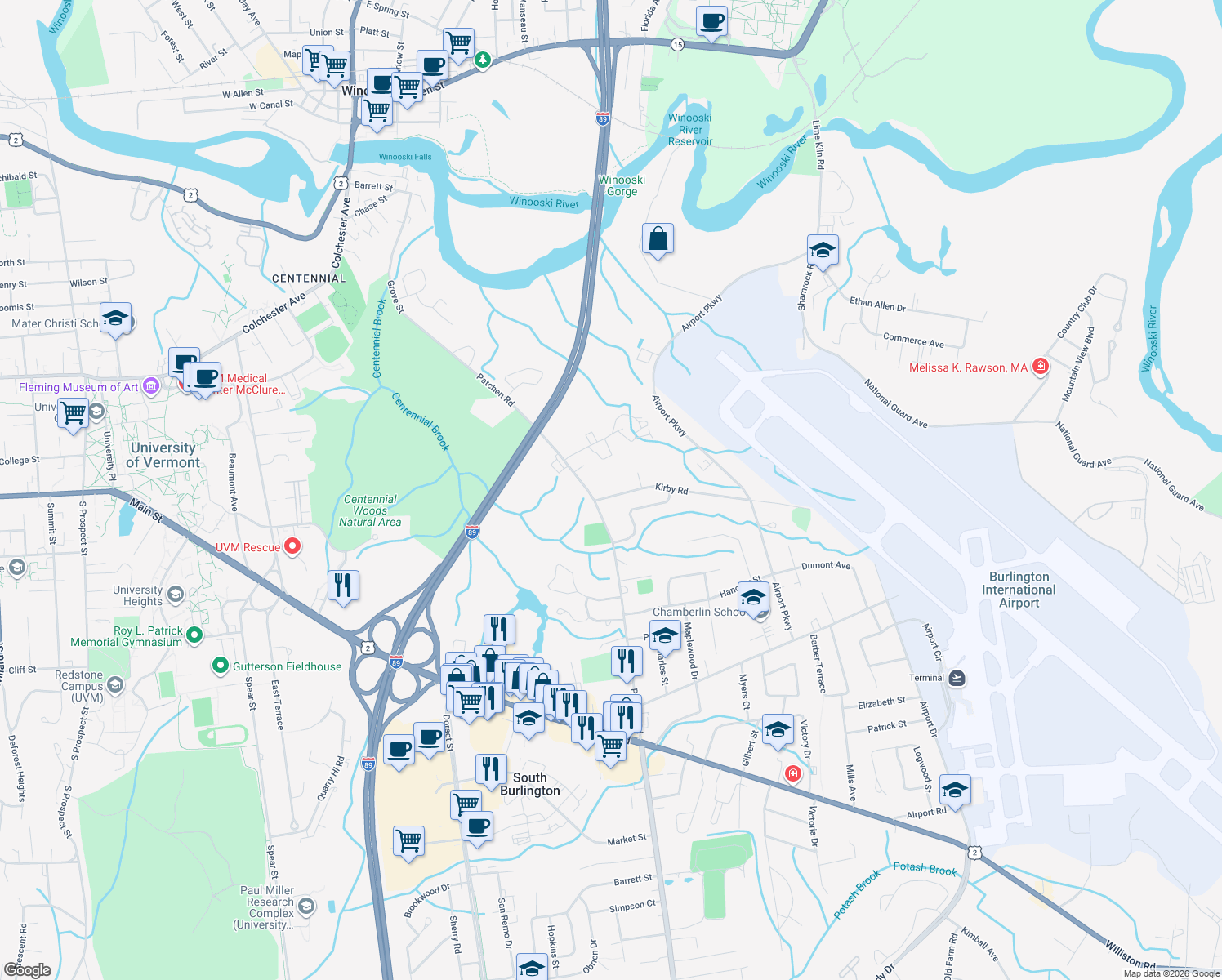 map of restaurants, bars, coffee shops, grocery stores, and more near 22 Kirby Rd in South Burlington