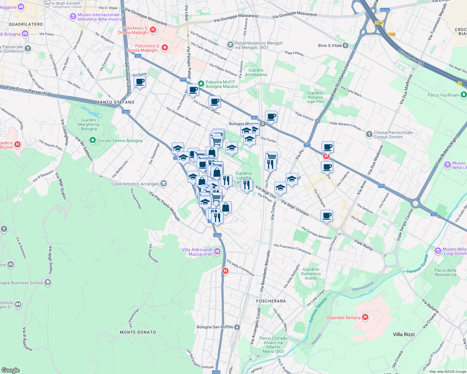 map of restaurants, bars, coffee shops, grocery stores, and more near 3 Via Gherardo Forni in Bologna
