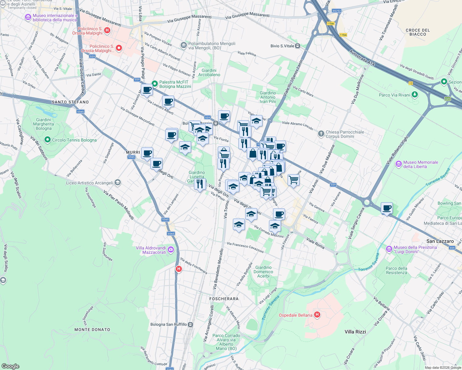 map of restaurants, bars, coffee shops, grocery stores, and more near 12-14 Via Po in Bologna