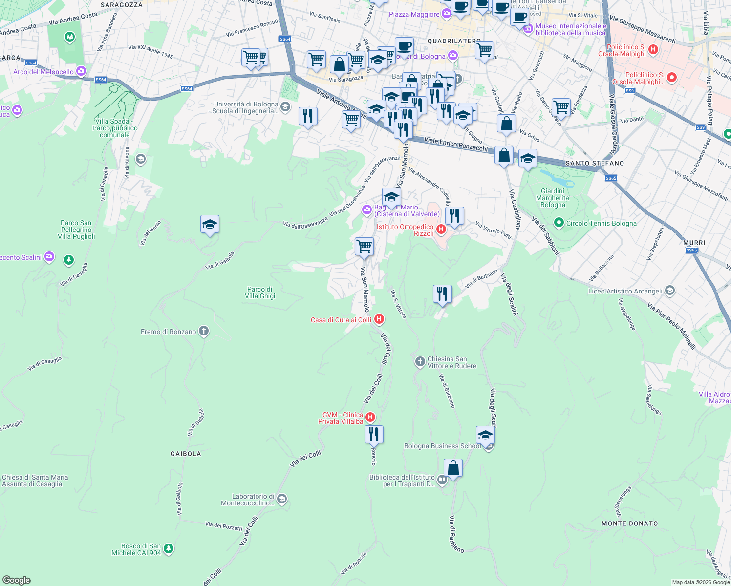 map of restaurants, bars, coffee shops, grocery stores, and more near 159 Via San Mammolo in Bologna