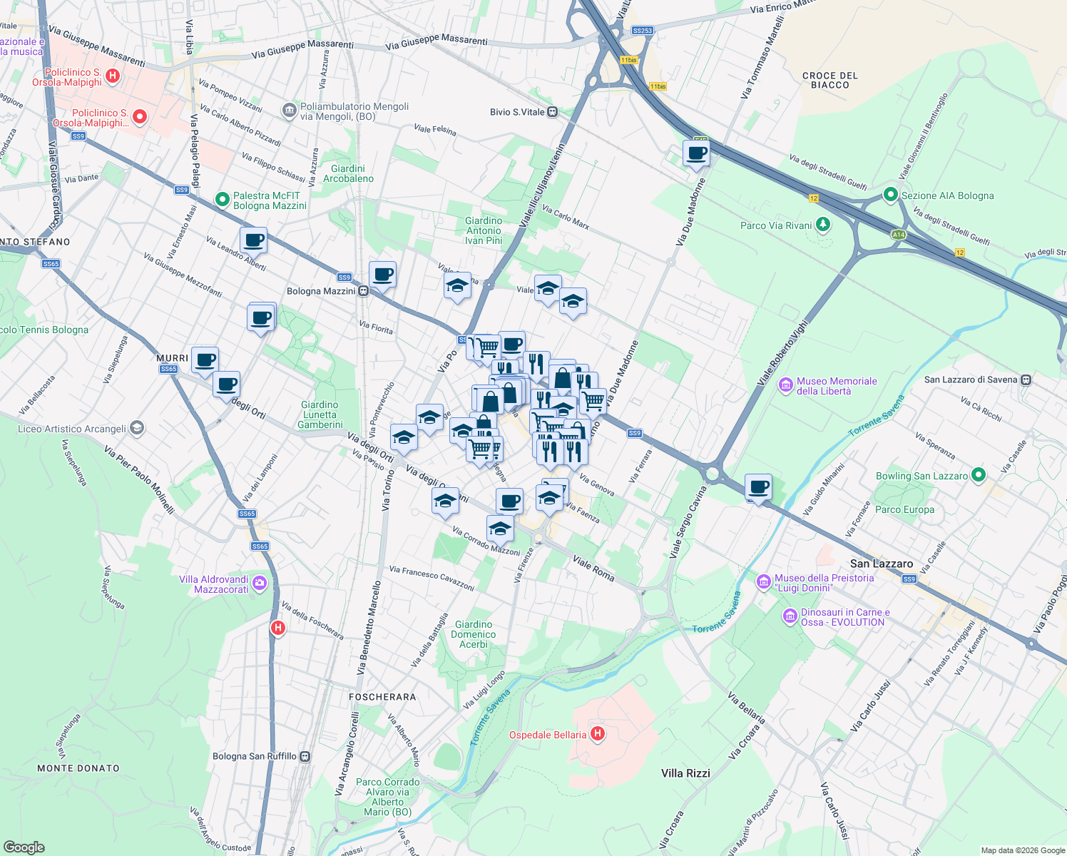 map of restaurants, bars, coffee shops, grocery stores, and more near 11 Via Calabria in Bologna