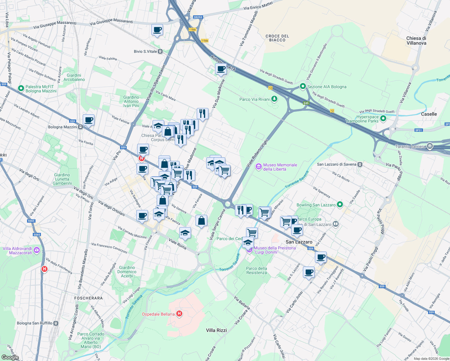 map of restaurants, bars, coffee shops, grocery stores, and more near 2 Piazza Grigoris Lambrakis in Bologna