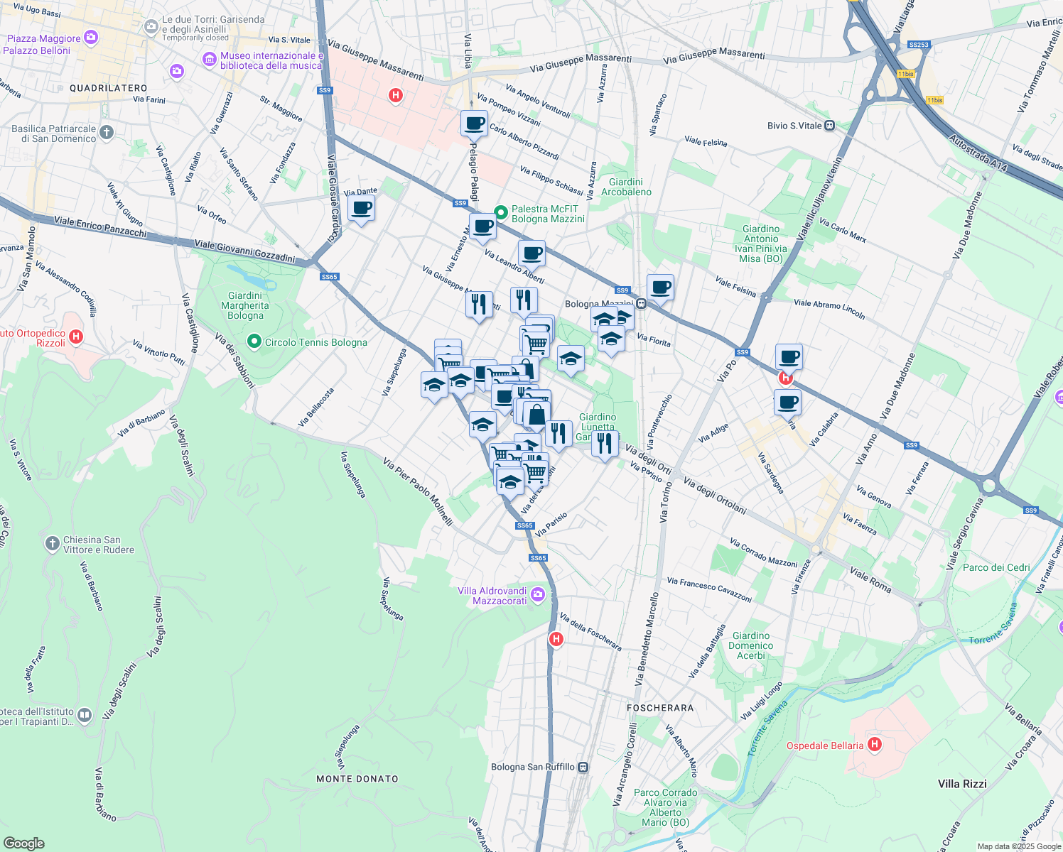 map of restaurants, bars, coffee shops, grocery stores, and more near 20 Via Beniamino Gigli in Bologna
