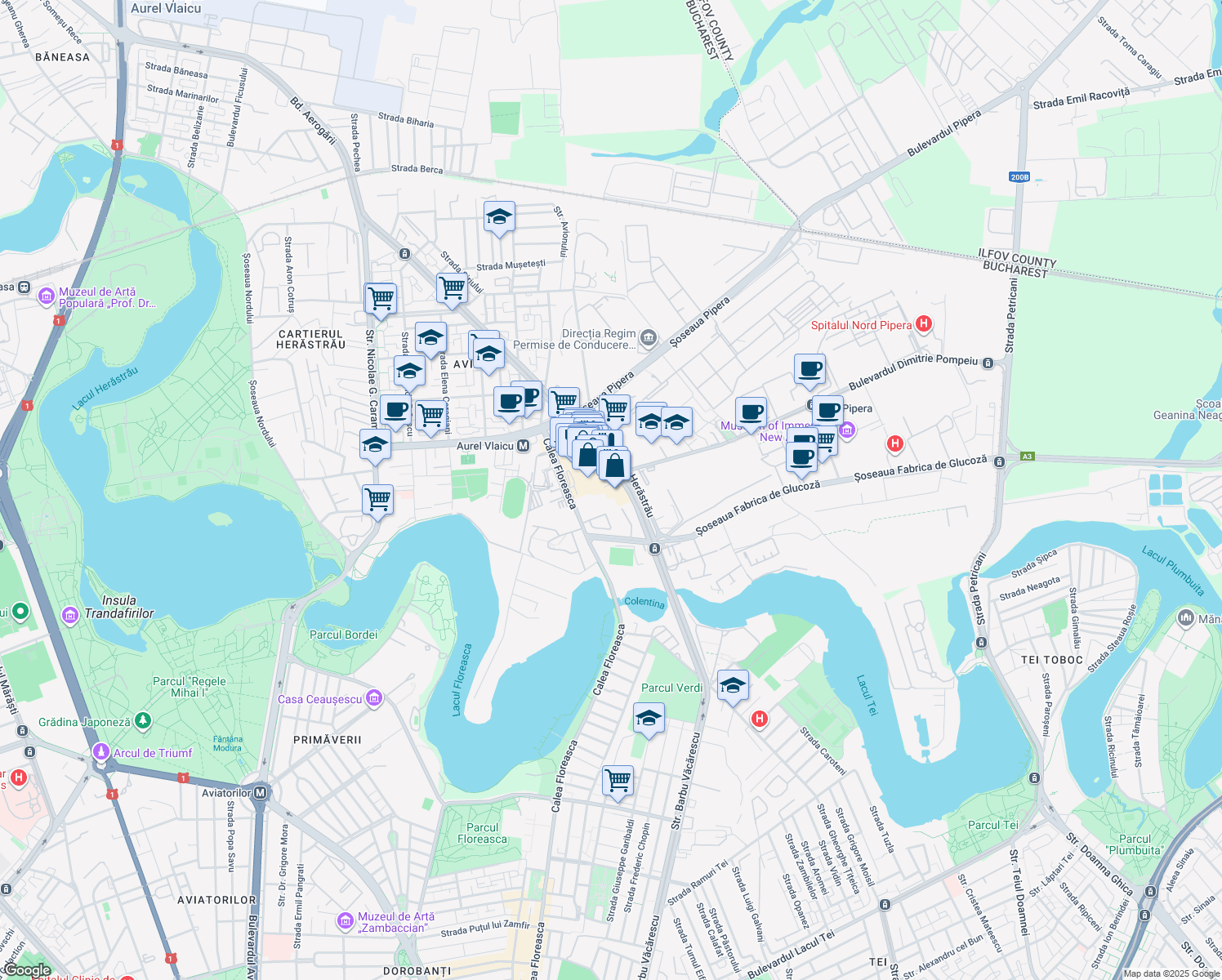 map of restaurants, bars, coffee shops, grocery stores, and more near in București