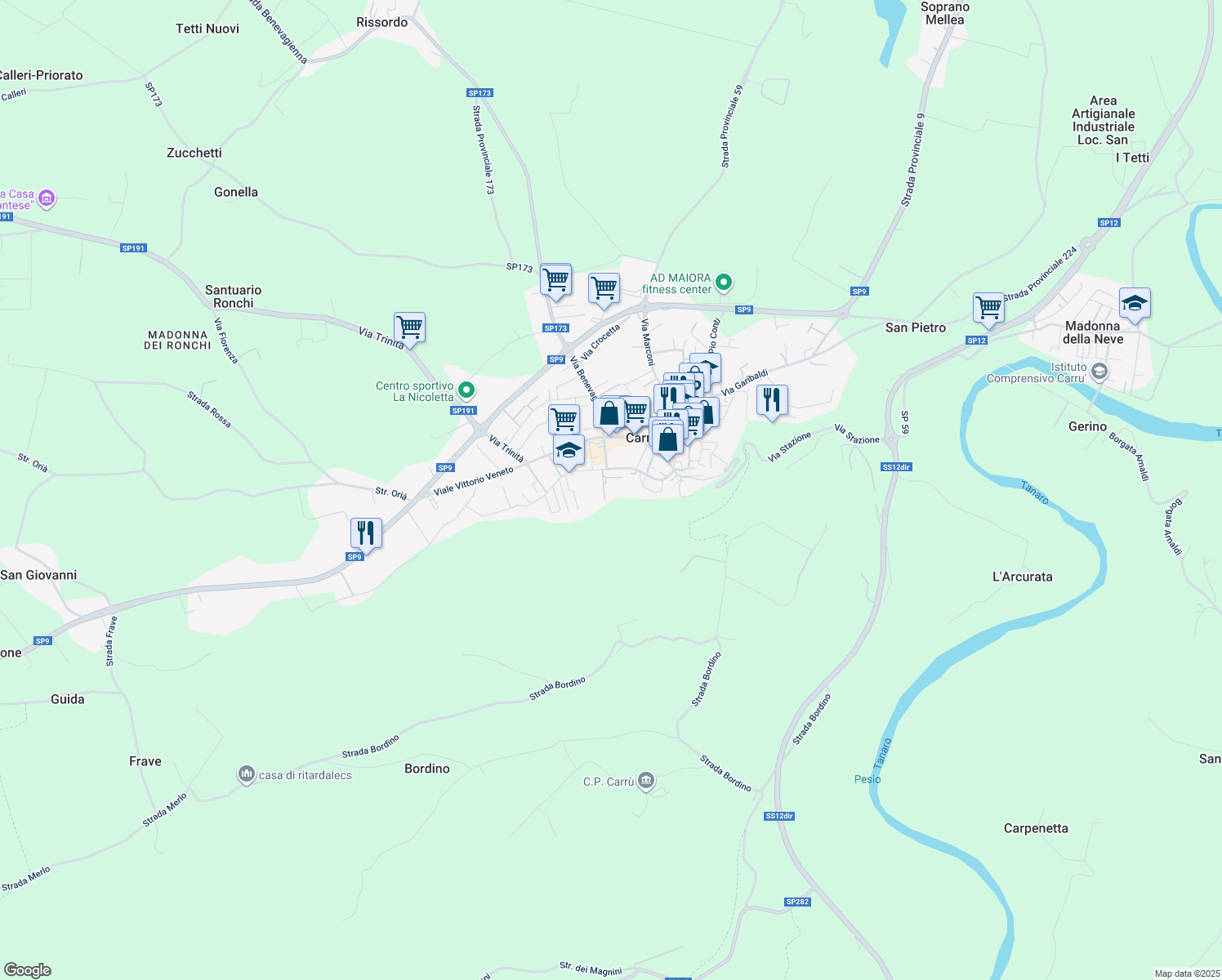 map of restaurants, bars, coffee shops, grocery stores, and more near 11 Piazza Mercato in Carrù