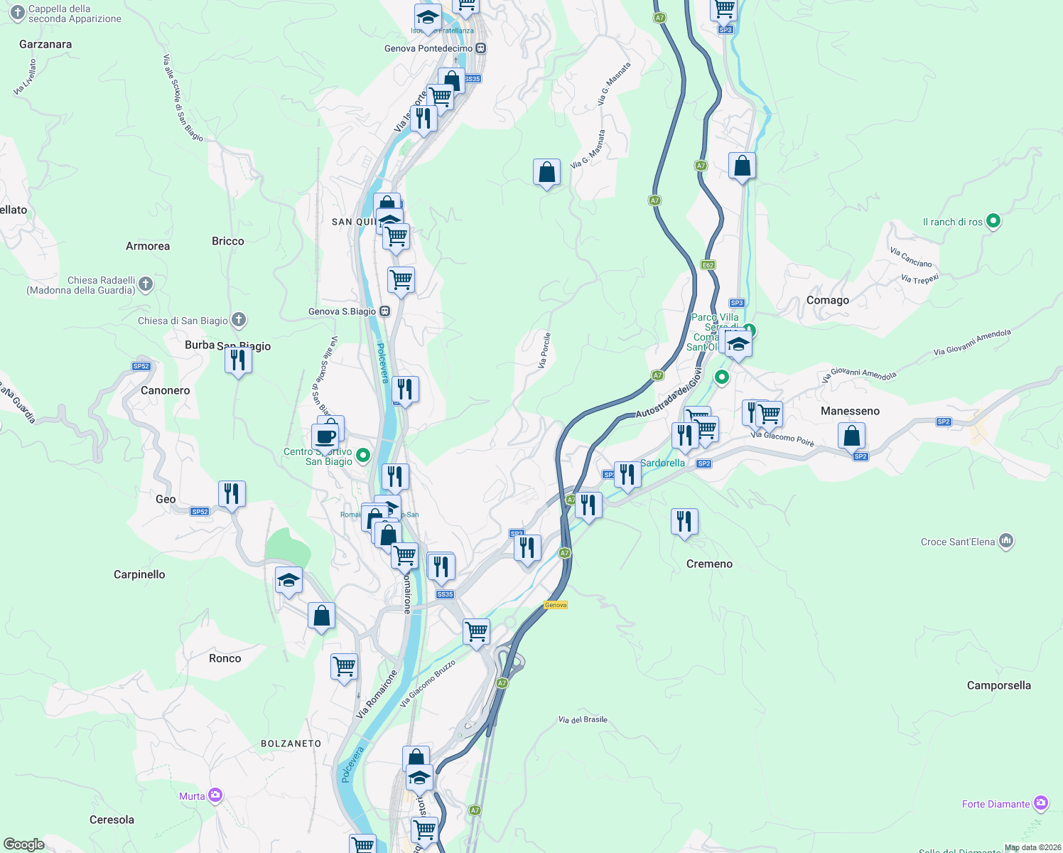 map of restaurants, bars, coffee shops, grocery stores, and more near 1S Via Porcile in Città Metropolitana di Genova