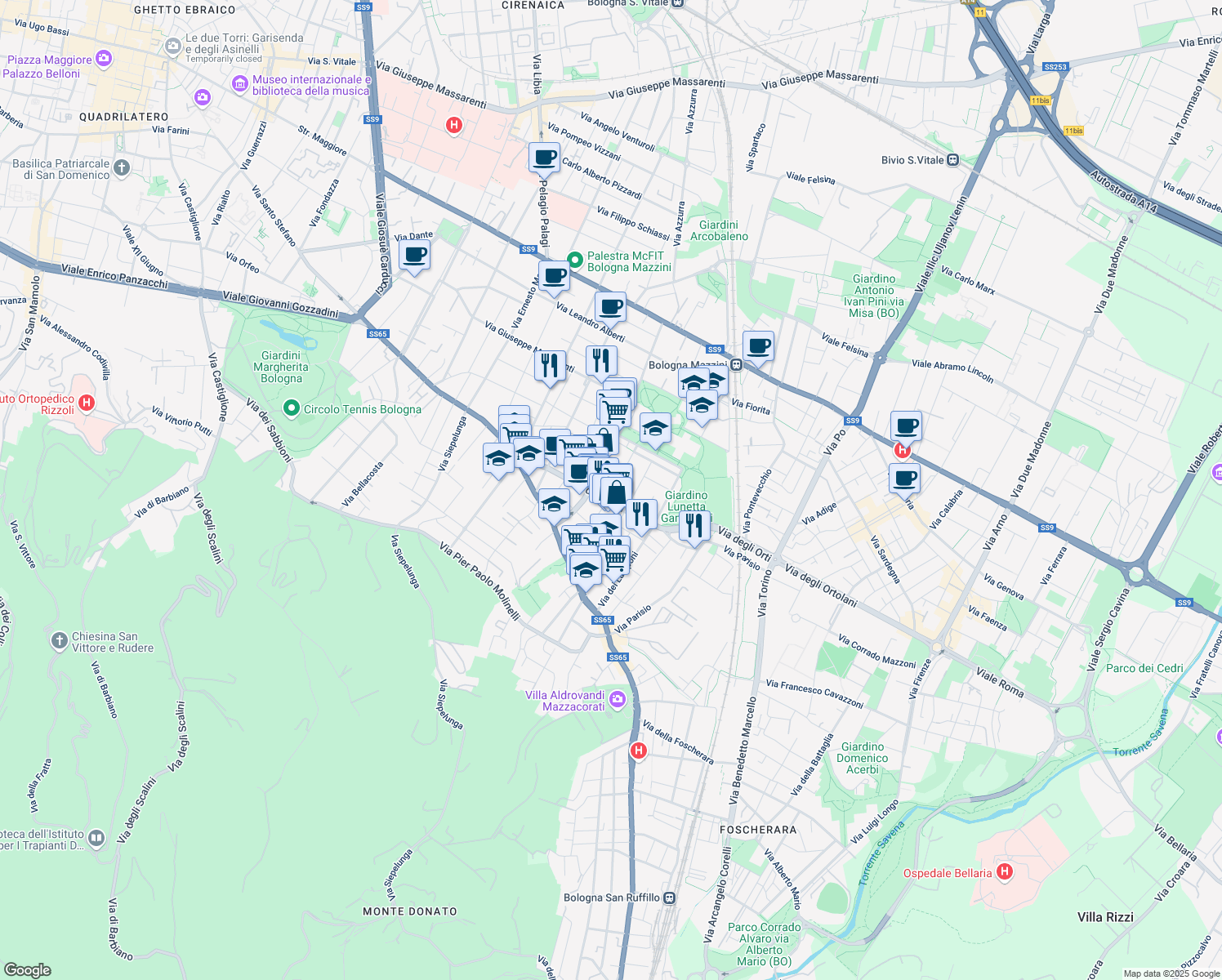 map of restaurants, bars, coffee shops, grocery stores, and more near 20 Via Beniamino Gigli in Bologna