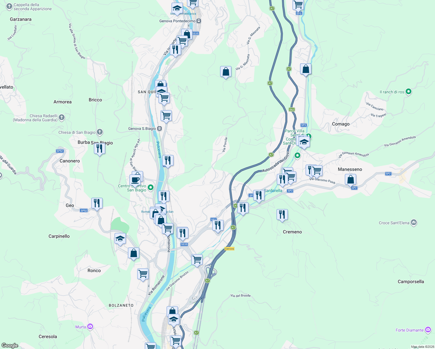 map of restaurants, bars, coffee shops, grocery stores, and more near 1S Via Porcile in Città Metropolitana di Genova