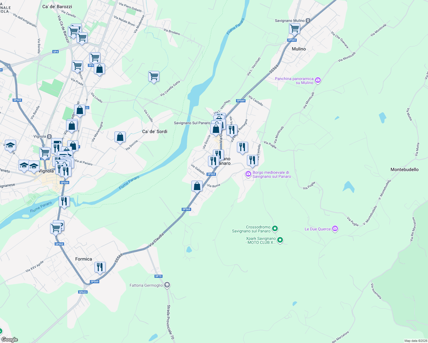 map of restaurants, bars, coffee shops, grocery stores, and more near 3861-3865 Via Claudia in Savignano Sul Panaro