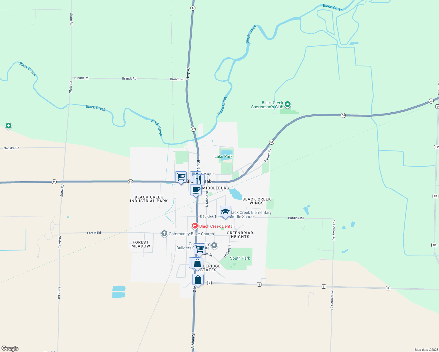 map of restaurants, bars, coffee shops, grocery stores, and more near 302 E Mary St in Black Creek