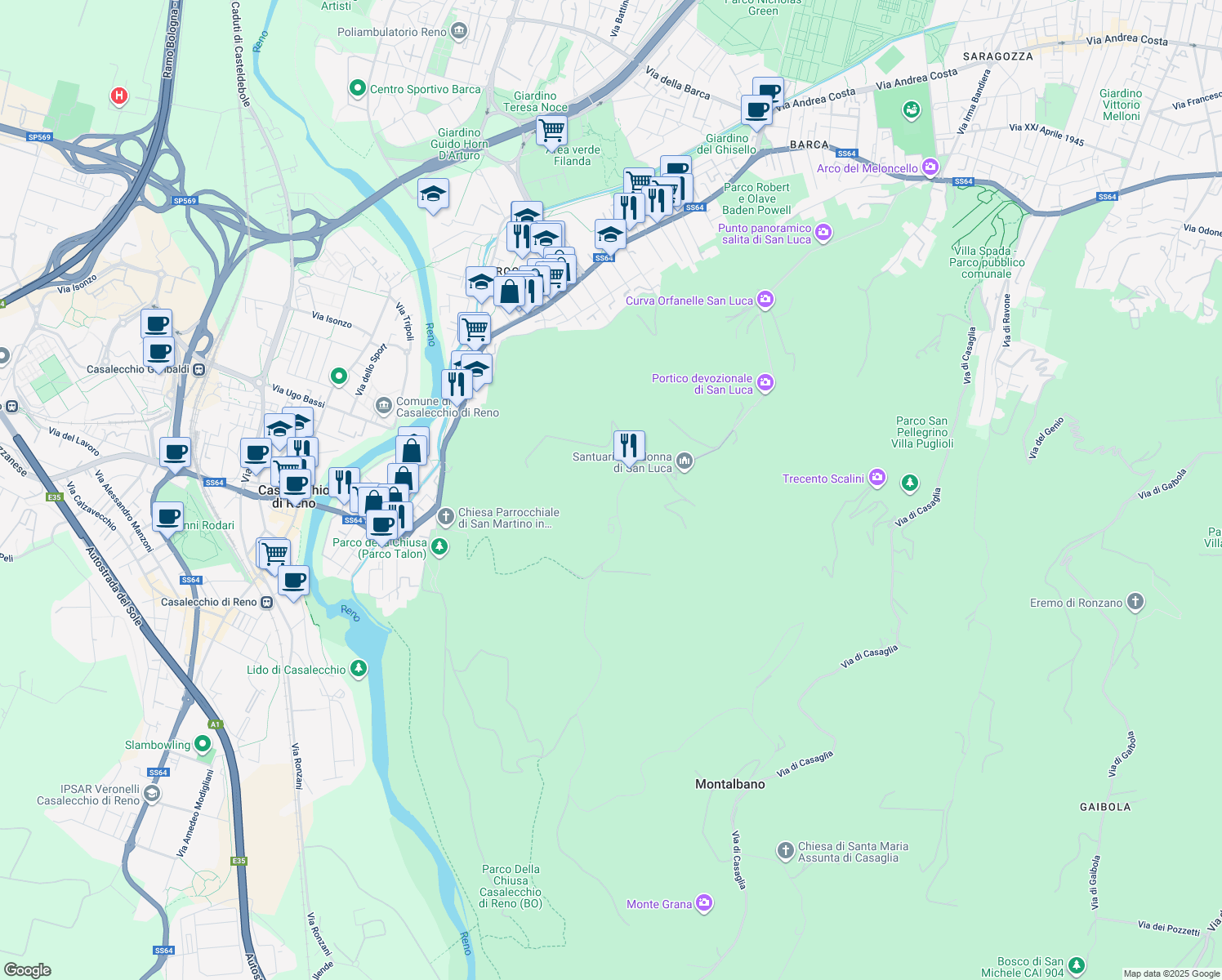 map of restaurants, bars, coffee shops, grocery stores, and more near 7 Via di Monte Albano in case sparse