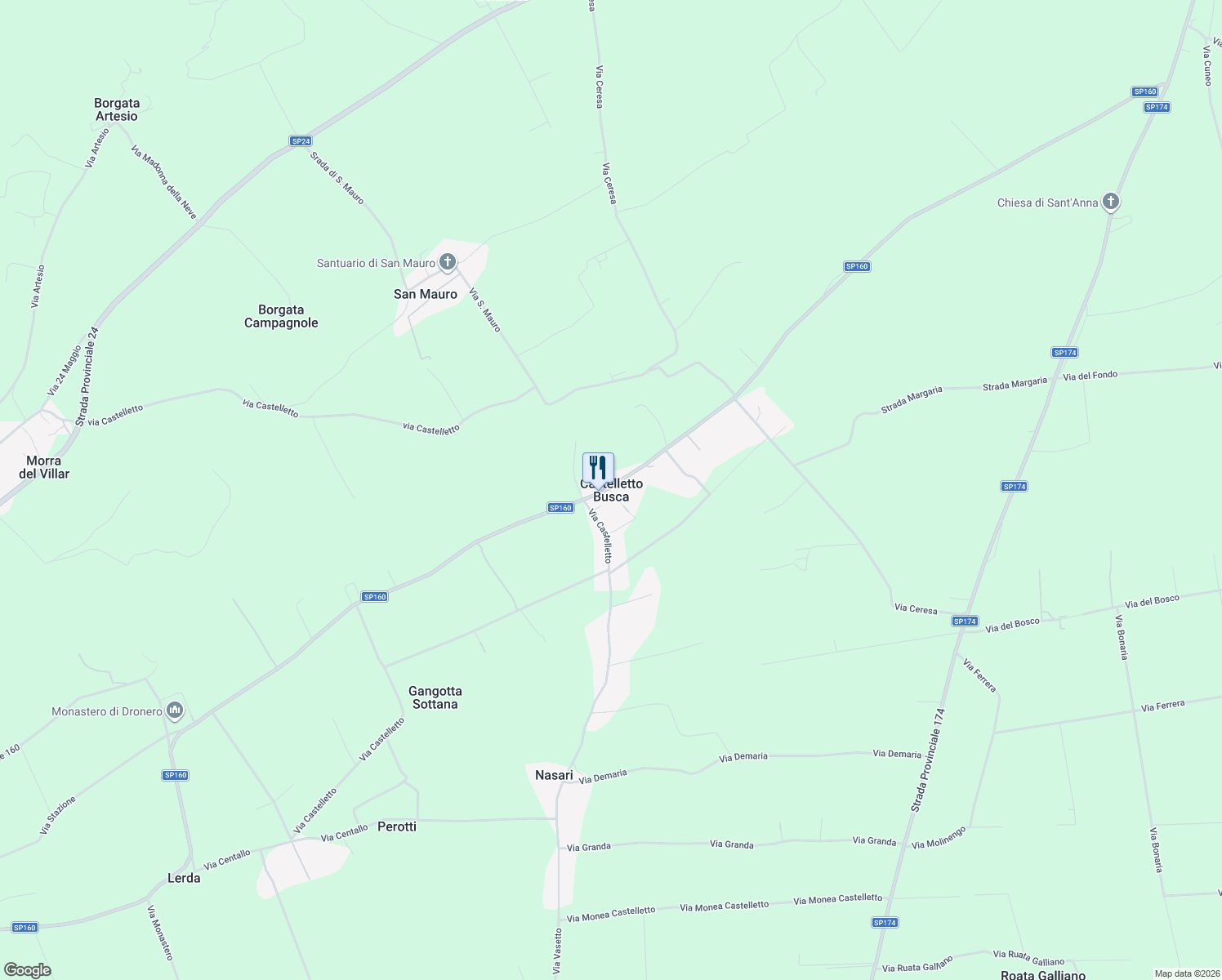 map of restaurants, bars, coffee shops, grocery stores, and more near in Castelletto Busca