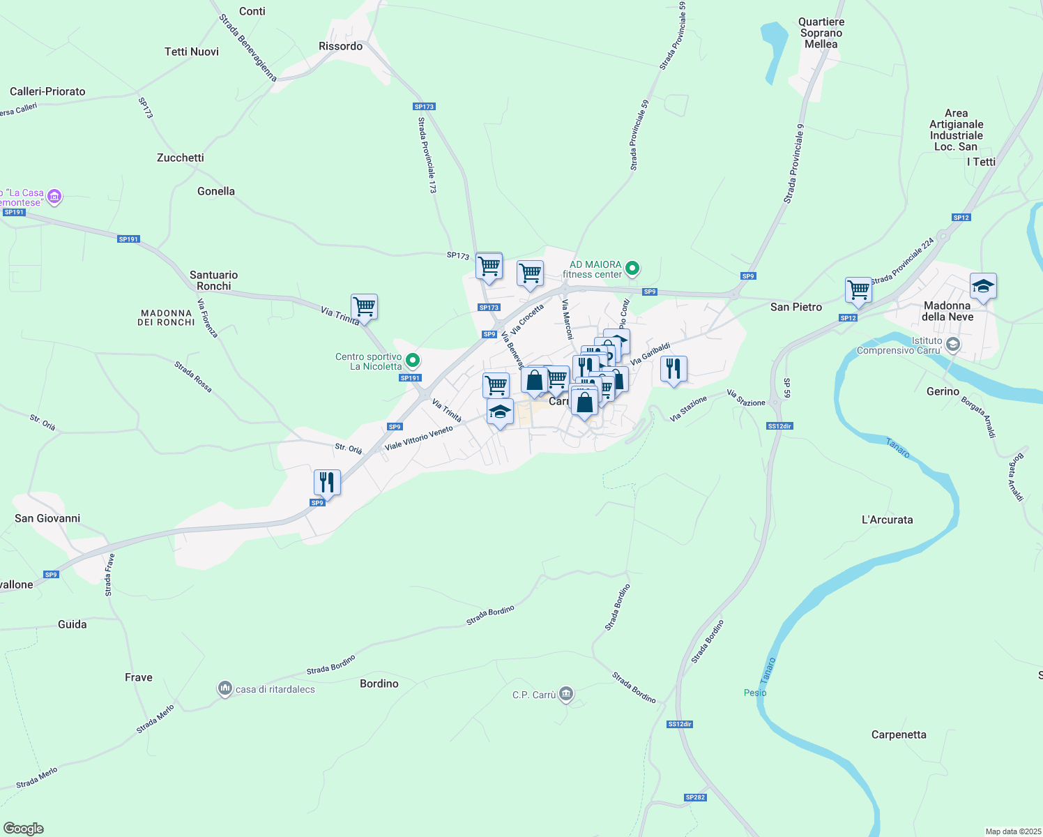 map of restaurants, bars, coffee shops, grocery stores, and more near 11 Piazza Mercato in Carrù